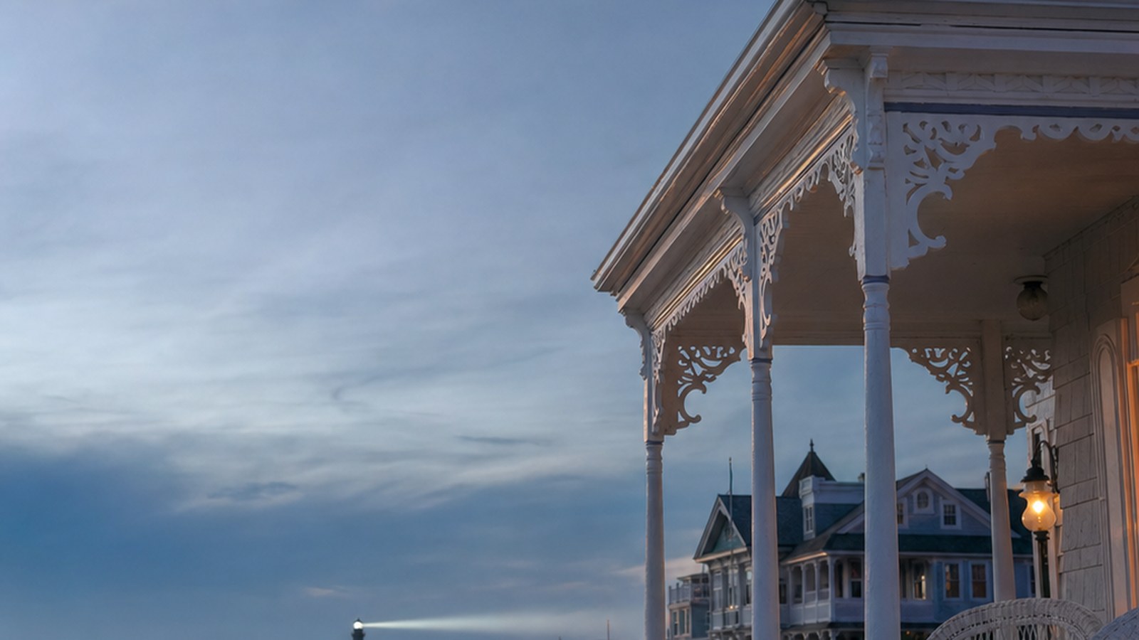 Cape May Victorian porch at blue hour