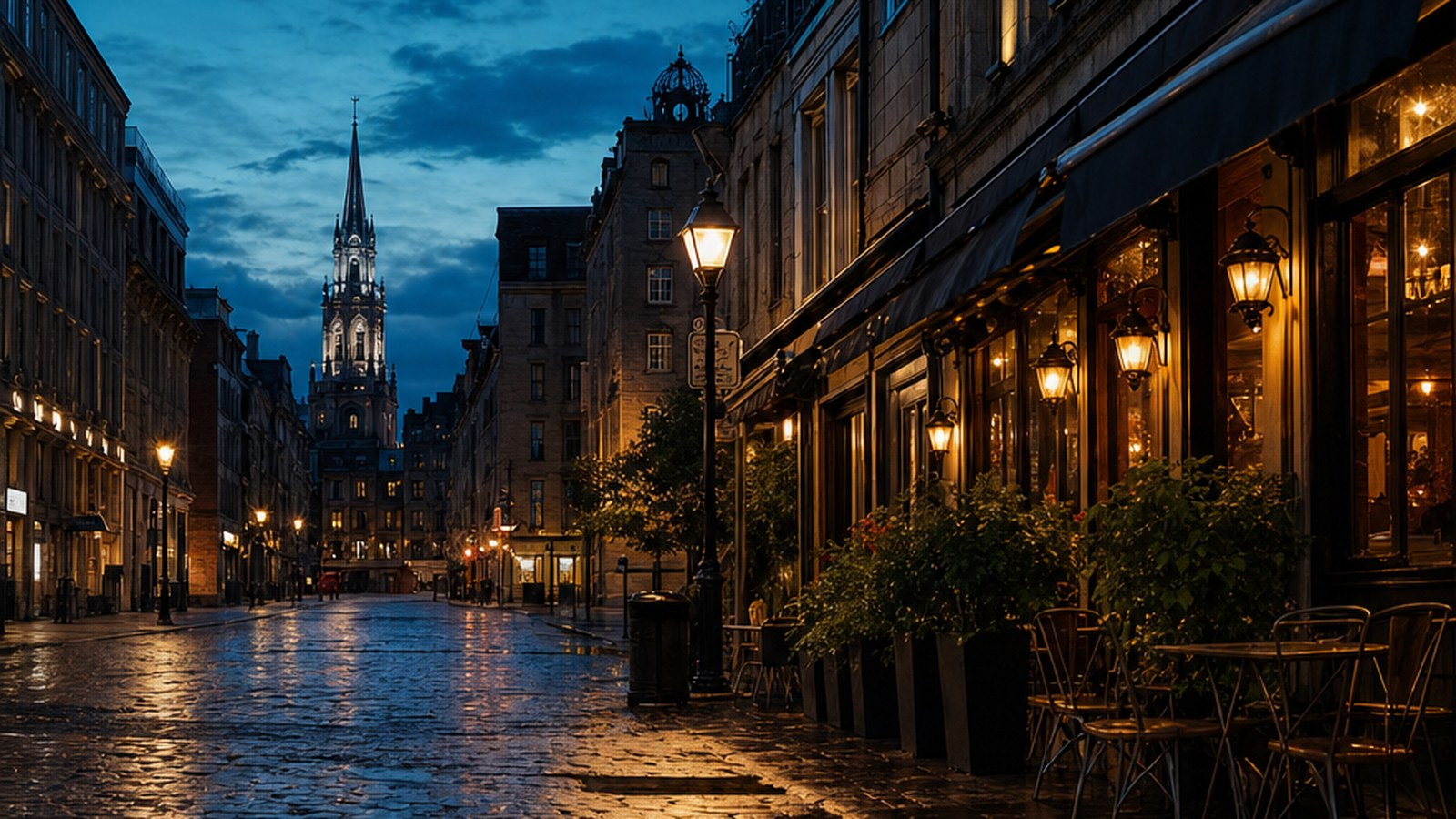 Montreal wet cobblestone street at night